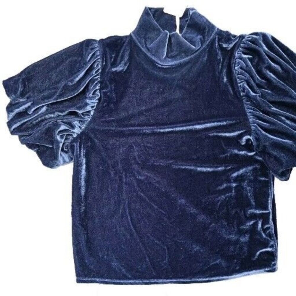 Free People Top Womens Small Blue Velvet Puff Short Sleeve Oversized Crop Blouse